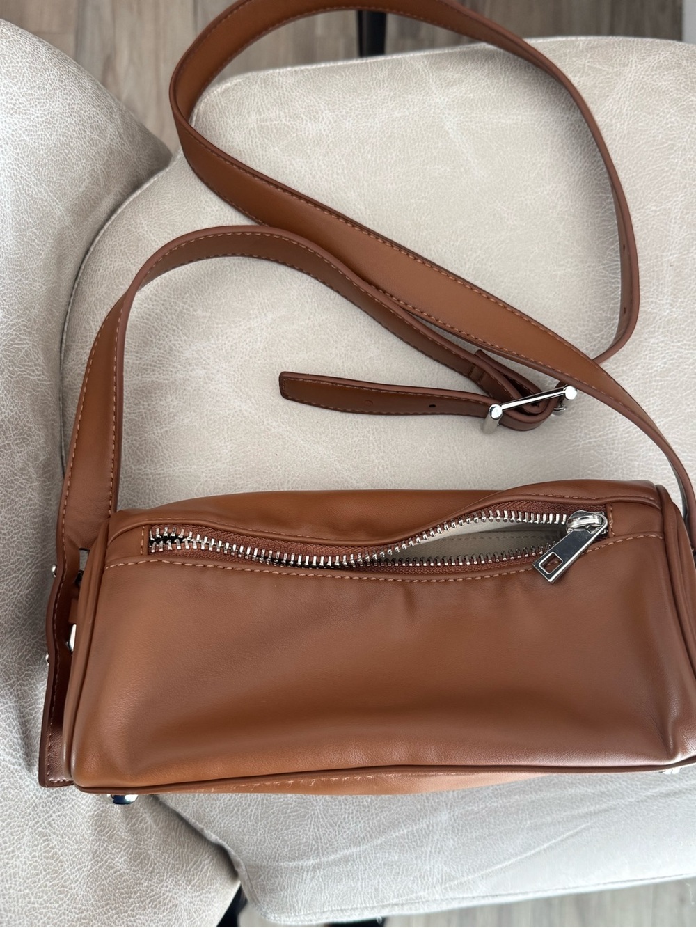 Zara Brown Leather Crossbody Bag with Silver Hardware
